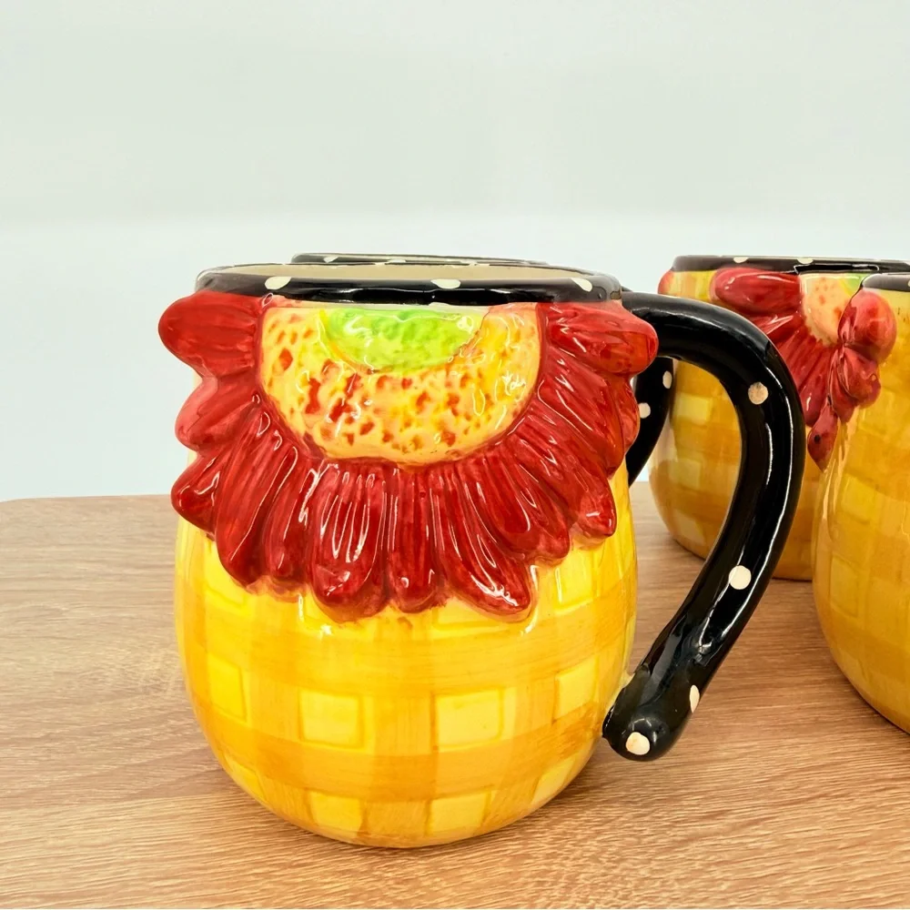 Pier 1 Sunflower Mug Set 4 3D Floral Ceramic Coffee Cup Cottagecore Farmhouse